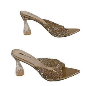 Styleloop Shiny Gold Sequin High Heel Slipper Clear Bell Heel Women Size 43 10.5